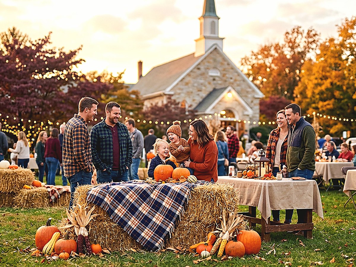 Outdoor Fall Festival gathering — hay bales, pumpkins, and warm evening light